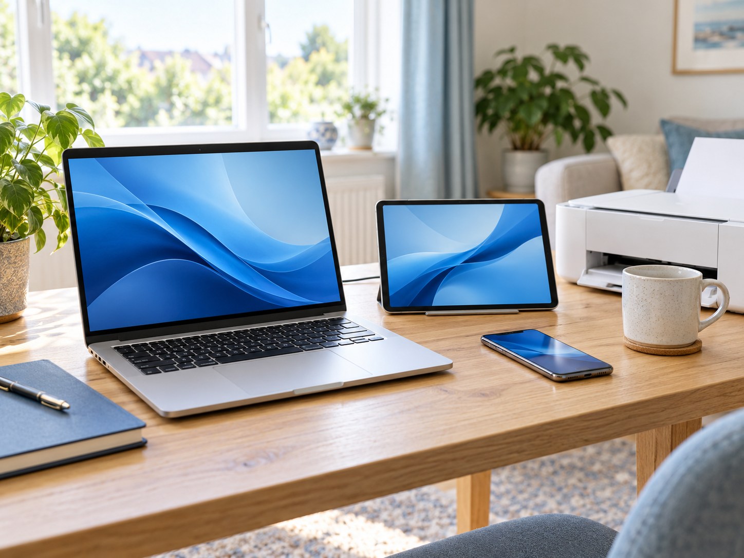 Laptop, tablet, phone and printer on a bright home desk